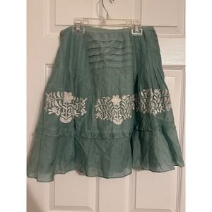 Frenchic Sage Green Embroidered Floral Pintuck Mini Skirt Womens Size Medium